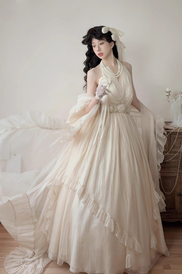 Ensemble de robe longue en dentelle à volants sans manches à col licou abricot avec nœud papillon douce princesse Lolita Jsk 