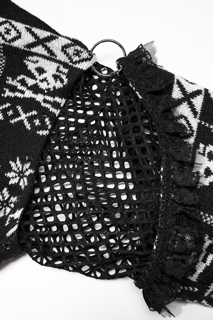 Black/White Stand Collar Long Sleeves Skull Deer Print Grunge Women's Gothic Loose Sweater
