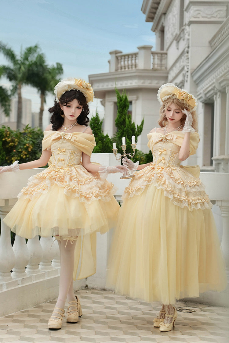 Yellow [Sissi's Pilgrimage] Off Shoulder Ruffle Bowknot Lace Sweet Lolita Skirt (Short Version)