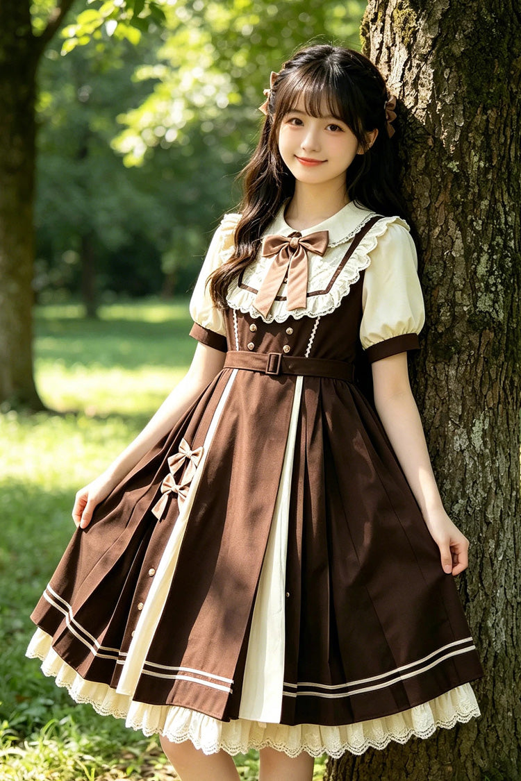 Robe Lolita marron à col à revers, manches courtes, à volants, nœud ouvert sur le devant, douce, grande taille