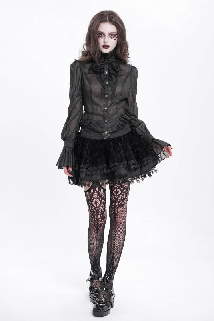 Black Stand Collar Ruffle Sheer Women's Swallow-tailed Gothic Blouse