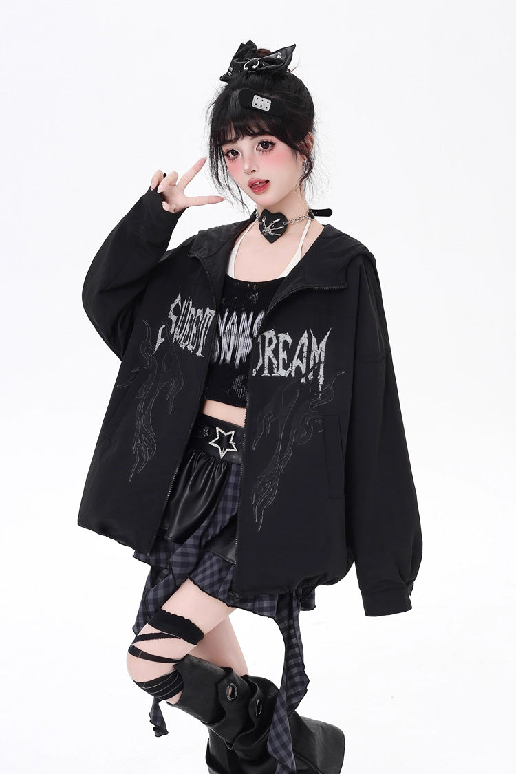Black Long Sleeves Print Zipper Gothic Loose Jirai Kei Coat
