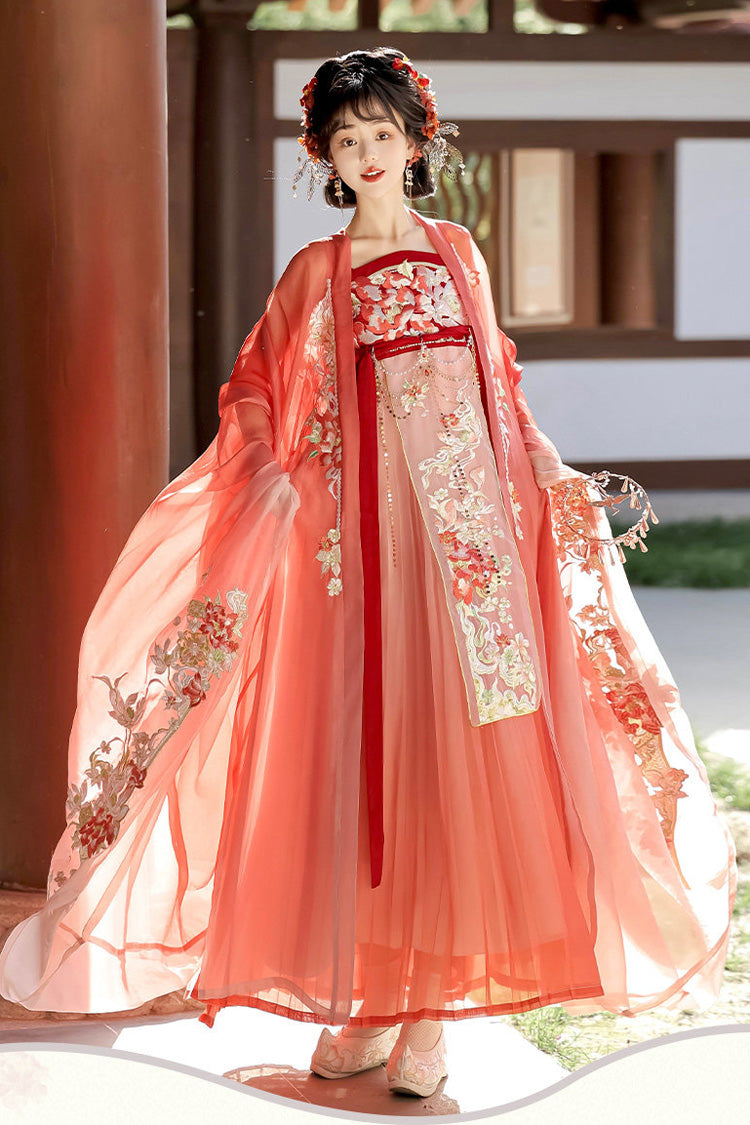 [Voile de fleurs] Manches longues taille haute imprimé brodé Ensemble Hanfu classique doux décontracté pour femmes