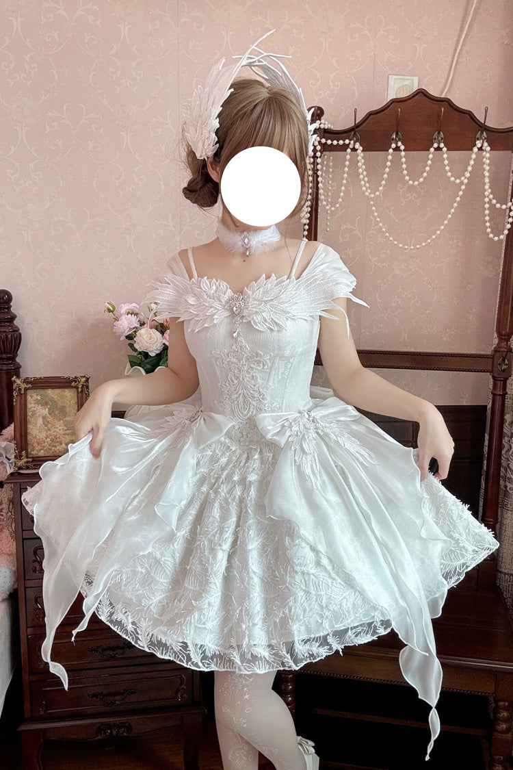 Weißes [Federn schweben in der Luft], quadratischer Kragen, flatternde Ärmel, bestickte Schleife, Spitze, süßes Lolita-JSK-Kleid