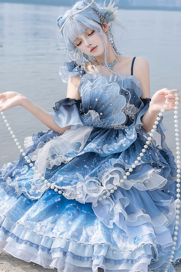 Blue [Jellyfish] Gradient Print Ruffle Embroidery Bowknot Lace Asymmetric Sweet Elegant Lolita Jsk Dress