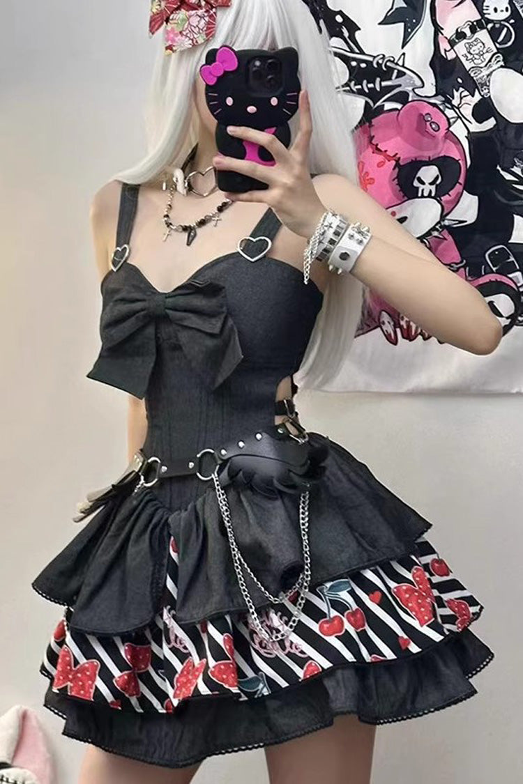Black [Cherry] Sleeveless Triple-Layered Print Ruffle Bowknot Denim Sweet Japanese Vintage Lolita Jsk Dress