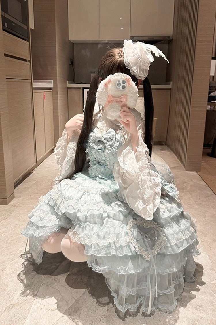 Robe Jsk Sweet Lolita en dentelle à nœud papillon broderie Hanayome à volants multicouches bleu [Sweetheart Diary] 