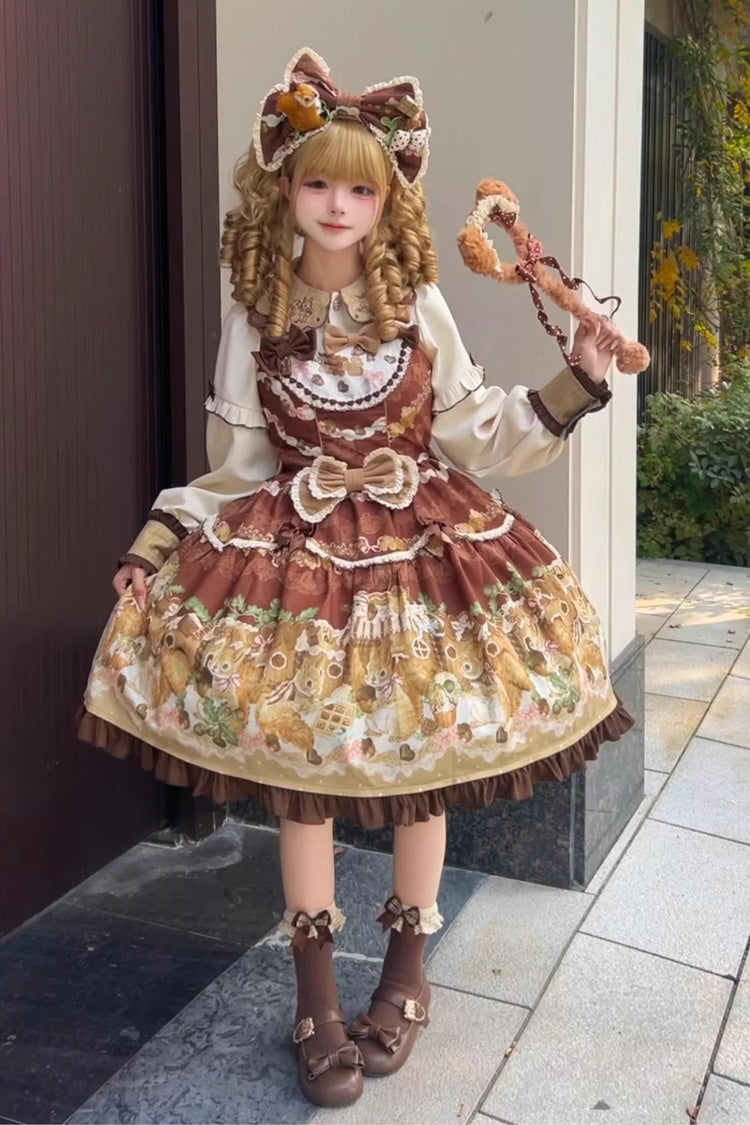 Brown [Squirrel Chocolate Shop] Sleeveless Printed Ruffled Bow Sweet Lolita JSK Dress with Blouse
