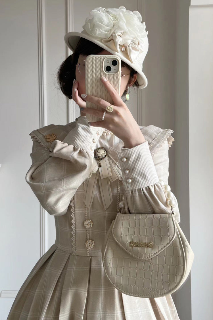 Aprikose [Fontainebleau] Langärmliges, kariertes Schleifenmuster, elegantes, süßes Lolita-Kleid
