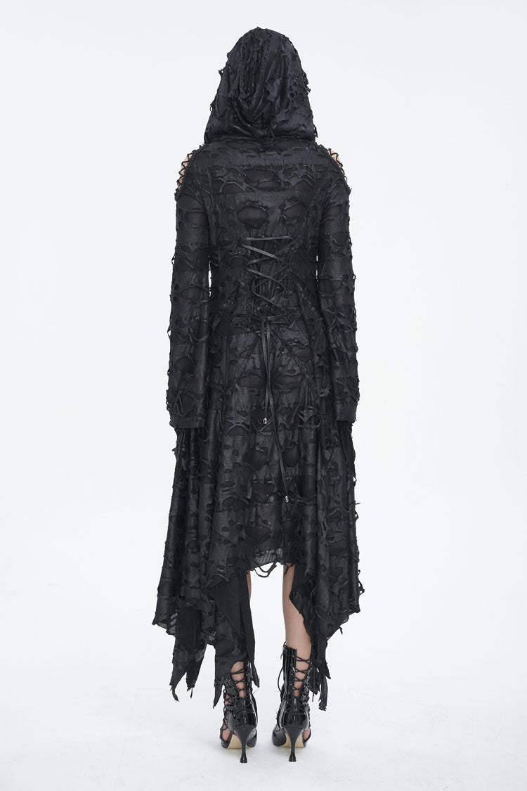 Black Long Trumpet Sleeves Irregular Hooded Womens Gothic Dress