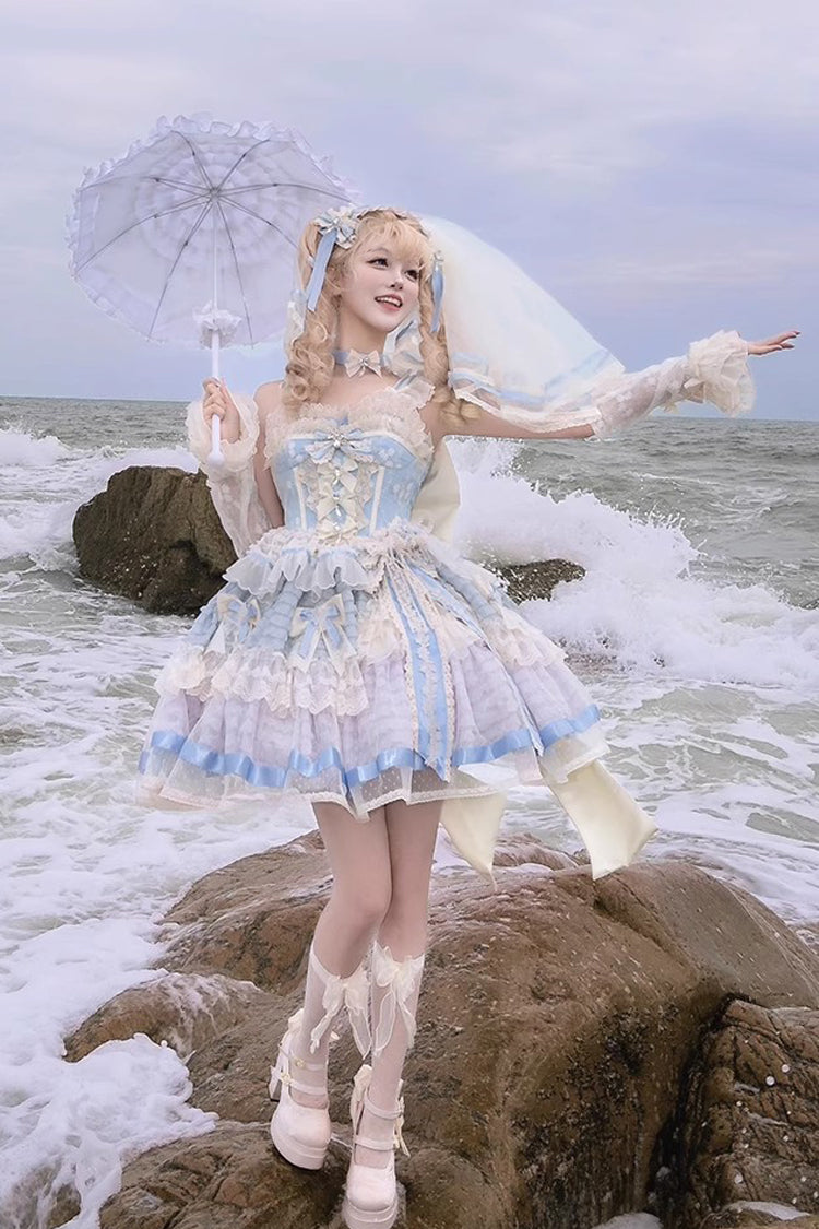 Blue [Moonstone] Sleeveless Ruffle Embroidery Bowknot Lace Fishbone Sweet Princess Lolita Dress