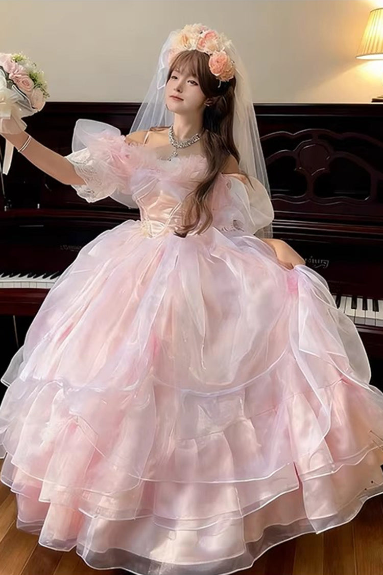 ピンク [ミストシー] ホルターネック半袖多層フリル花嫁リボンレース甘いプラスサイズロリータドレス