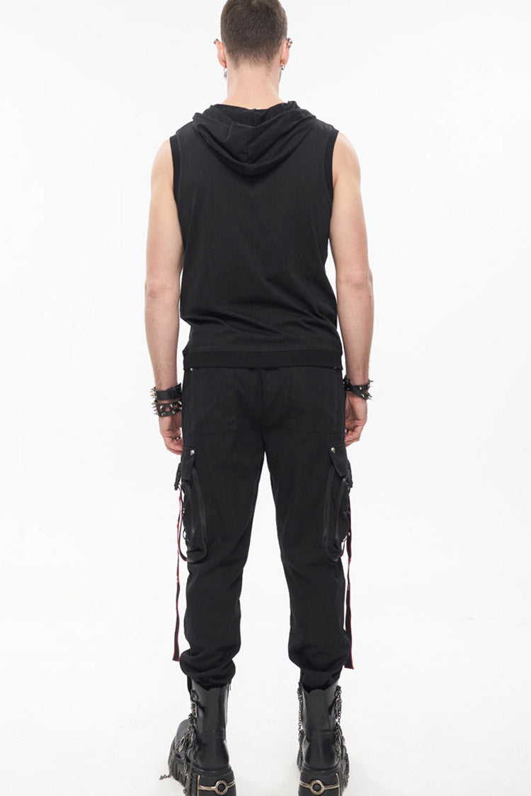 Black Punk Multi Pocket Webbing Decorative Drawstring Men's Long Pants