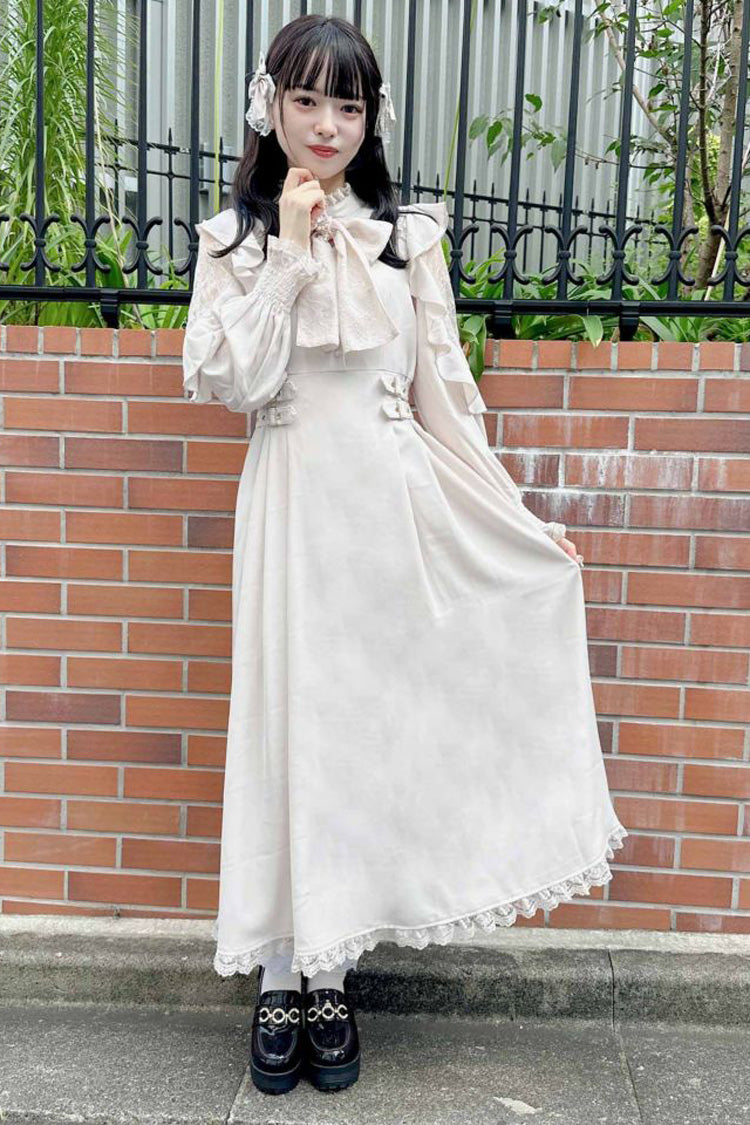 Weißes, schulterfreies, langärmliges, schulterfreies Jirai Kei-Kleid mit hohler Schleife