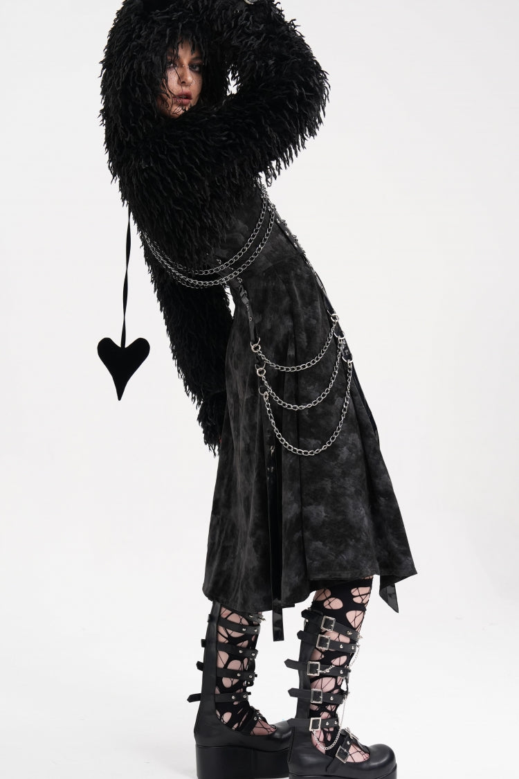 Black Long Sleeves Hooded Women's Gothic Chain Buckle-up Horn Cape