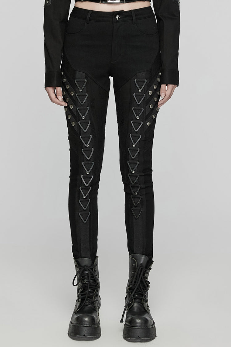 Black Triangular Stitching Mesh Buckle Women's Punk Pants