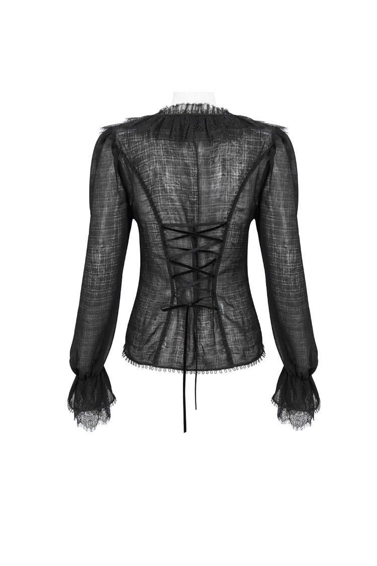 Black Thin Waist Plaid Stitching Layered Lace Long Sleeves Women's Gothic Shirt