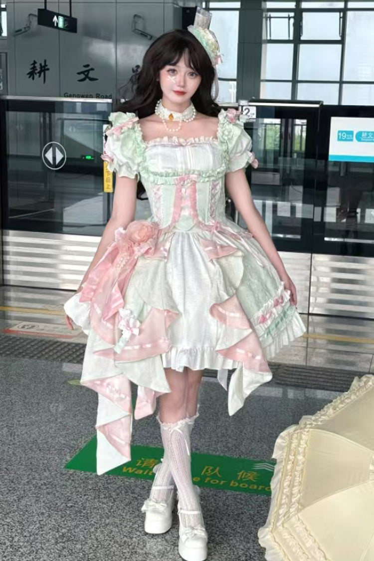 [Spring Overture] Square Collar Short Sleeves Ruffle Cardigan Bowknot Lace Sweet Elegant Lolita Skirt Set 4 Colors