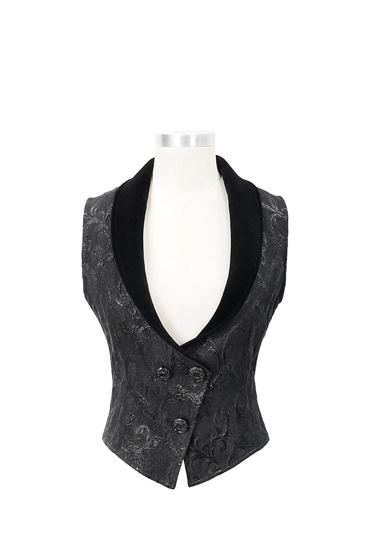Black Velvet 3D Jacquard Low Collar Women's Gothic Waistcoat