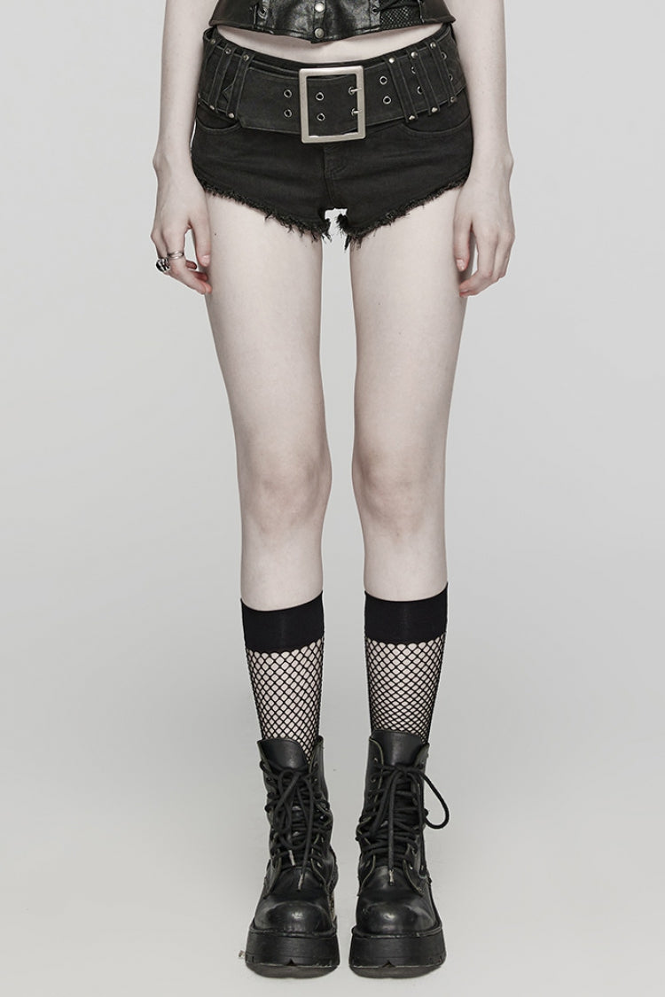 Black Denim Slim Buckle Eyelets Women's Steampunk Shorts