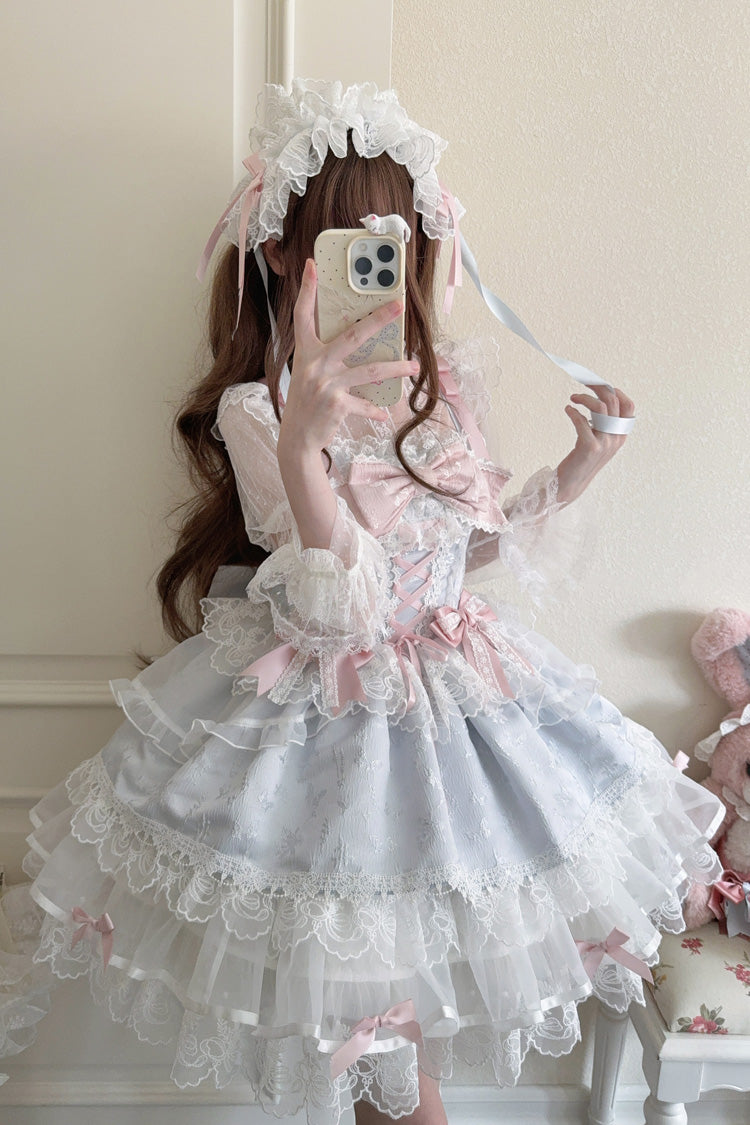 Robe Jsk Lolita Ballet Douce Slim en Dentelle à Nœud à Volants Sans Manches [Île Fleishi Bleue] 