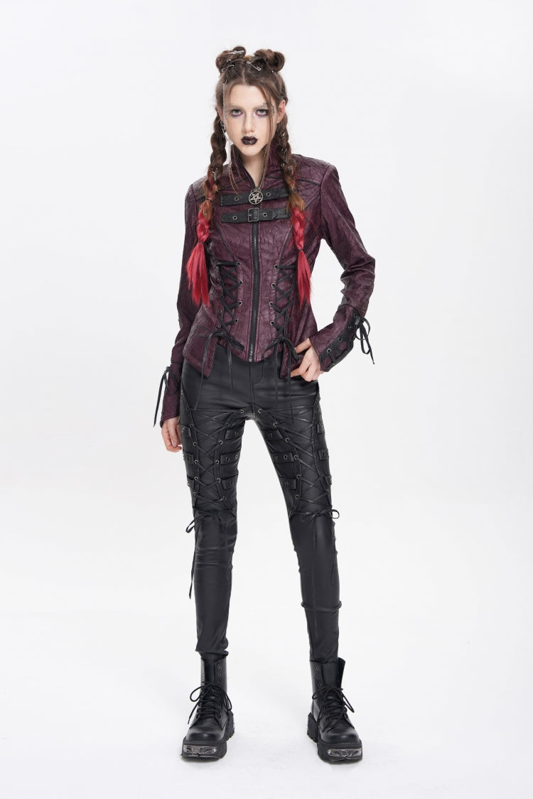 Red Pentacle Lace-Up Buckle Women's Punk Jacket