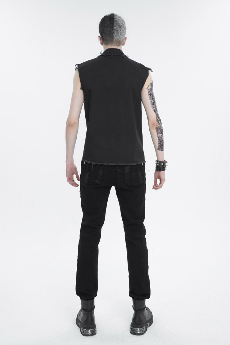 Black Sleeveless Buckle Splice Unedged Men's Punk Vest