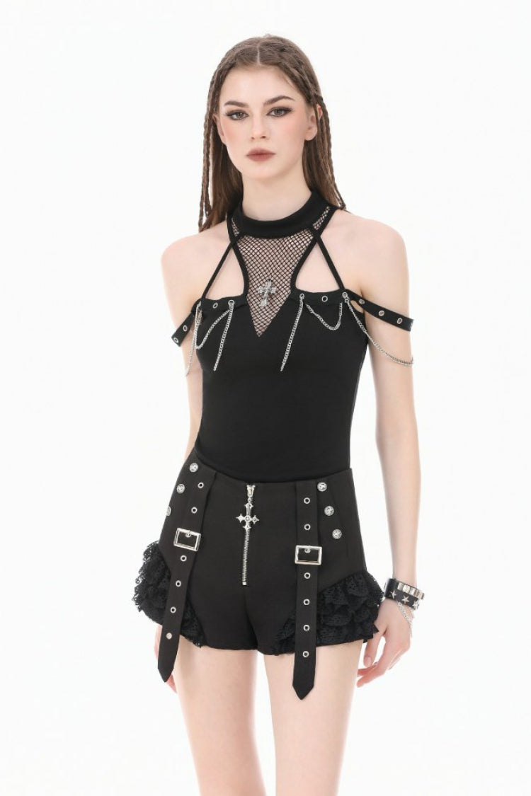 ブラック ハイウエスト フリル レース パッチワーク バックル ストラップ クロス ジッパー レディース パンク ショーツ