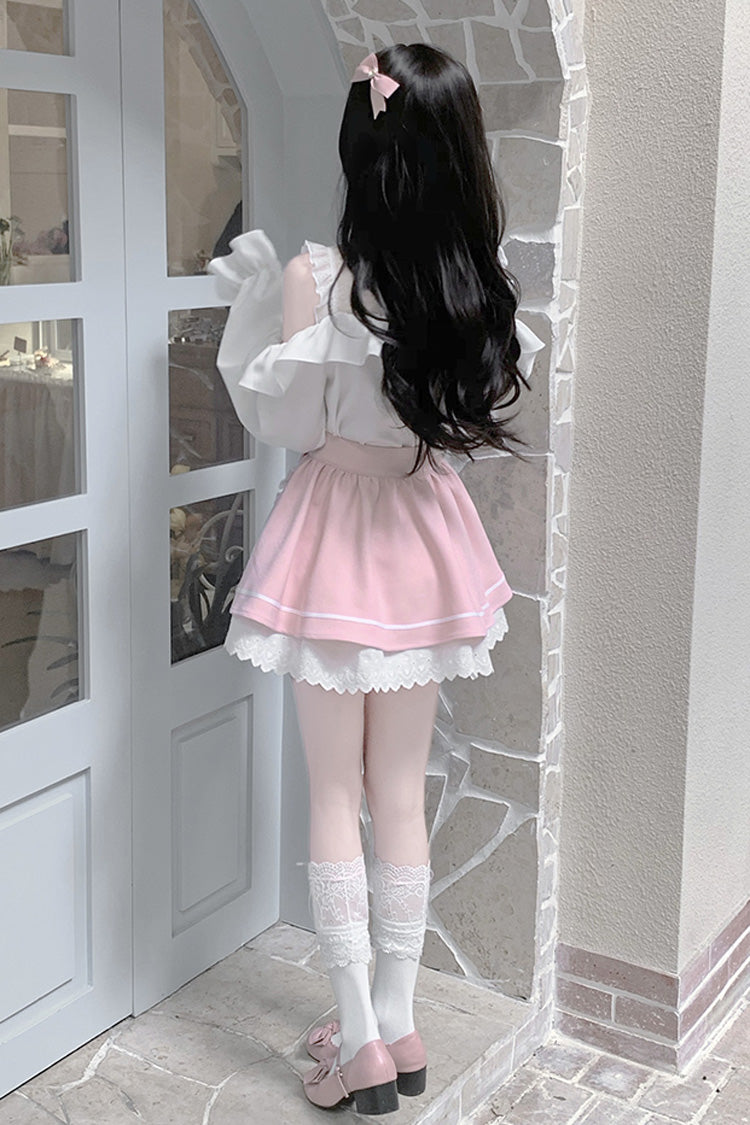 White/Pink Off Shoulder Long Sleeves Ruffle Bowknot Lace Sweet Jirai Kei Skirt