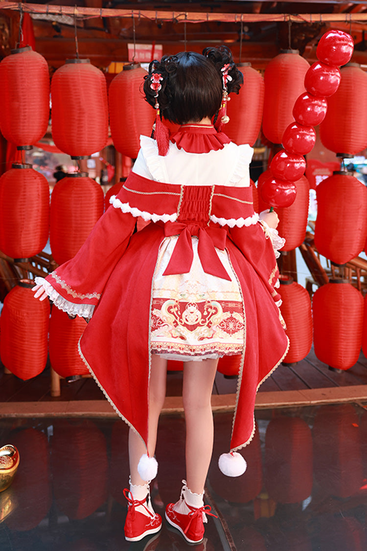 Red [New Year] Print Ruffle Bowknot Lace-Up Sweet Chinese Style Lolita Jsk Dress