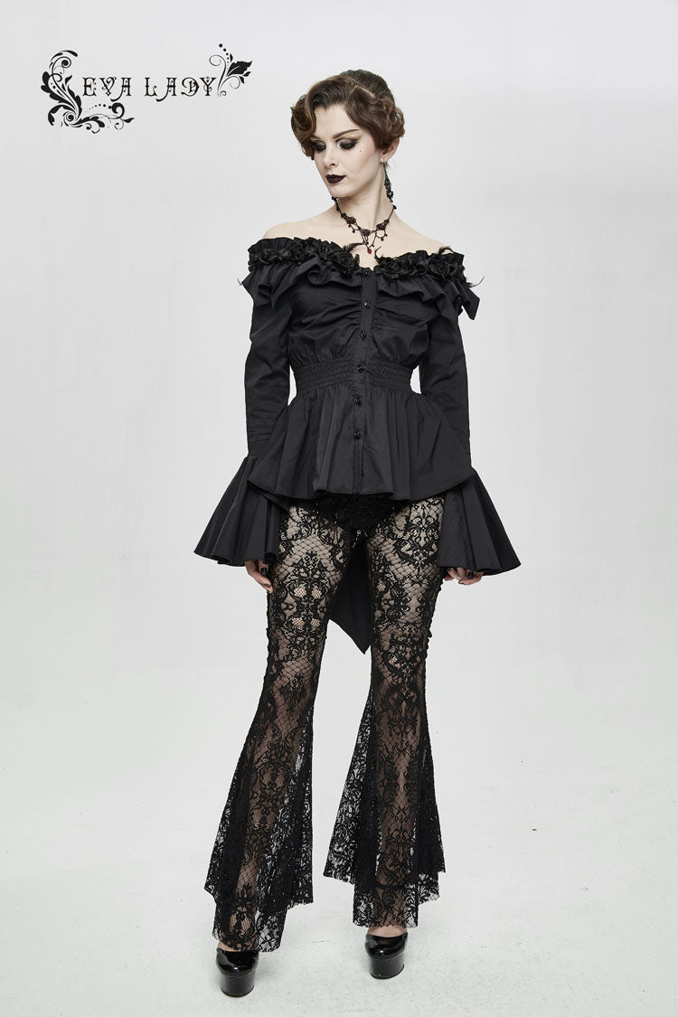 Schwarze Rosenblüten-Dekoration, Ein-Wort-Kragen, lange Ärmel, ausgestellte Manschette, Gothic-Bluse für Damen