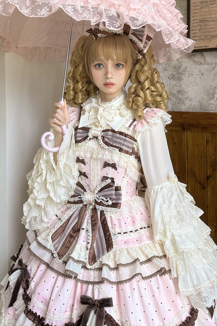 Pink [Shengqiao Tata] Sleeveless Print Ruffle Bowknot Lace-Up Sweet Elegant Lolita Jsk Dress
