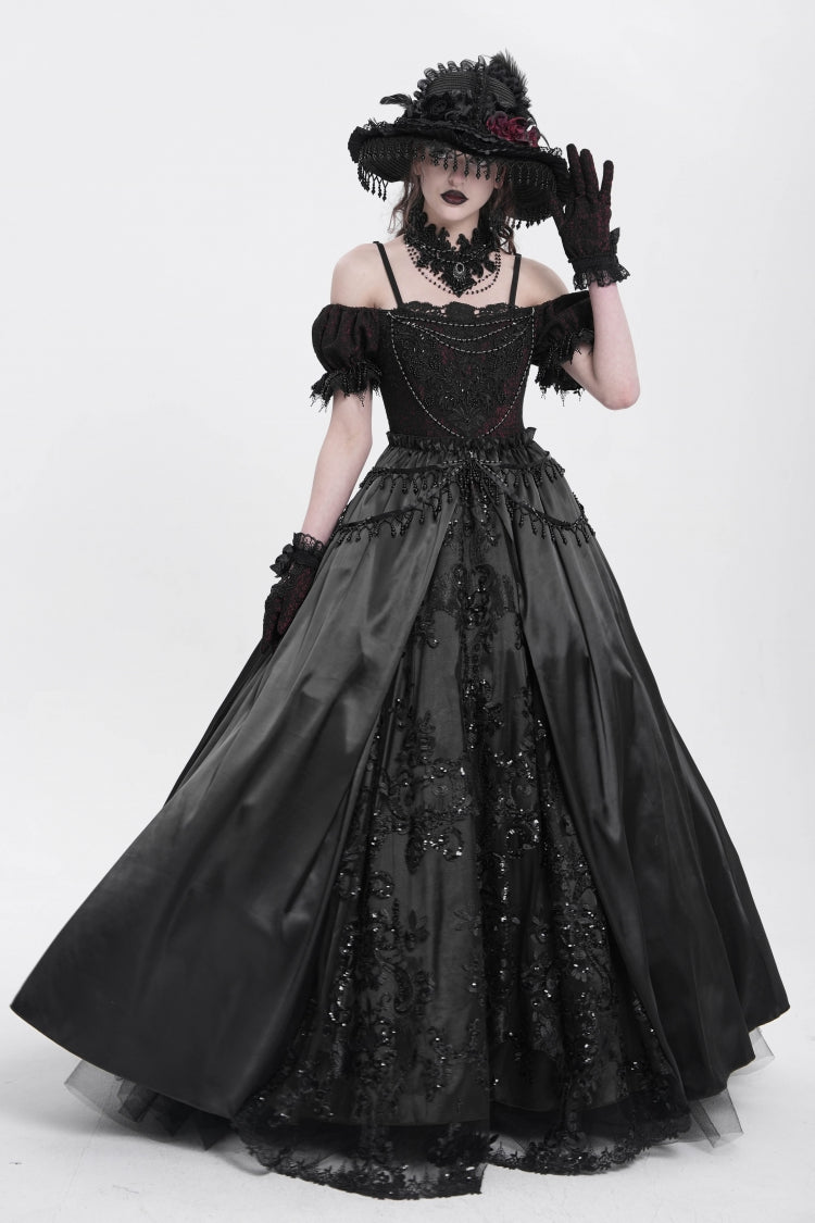 Robe gothique pour femme en dentelle avec cardigan jacquard à manches courtes et épaules dénudées noire 