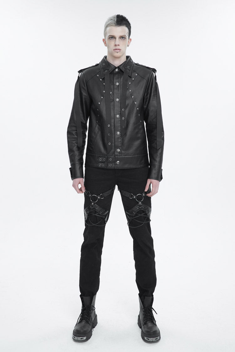 Black Lapel Collar Studded Strap Dashing Men's Punk Jacket