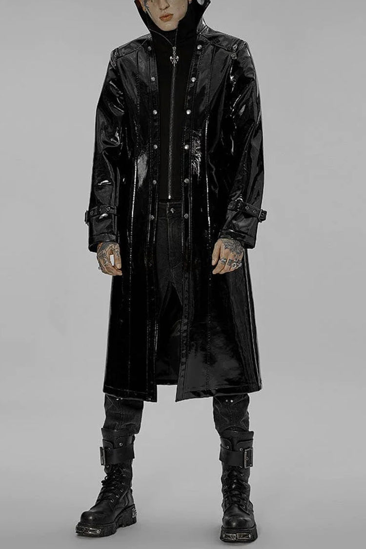 Black Dual Stand Collar Metal Buckle Patent Leather Stitching Mens Steampunk Coat