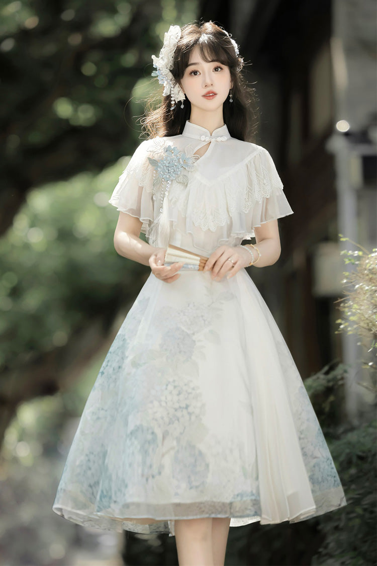 Blanc [Message Hydrangea] Manches courtes Imprimé Volant Dentelle Doux Style chinois Élégant Robe courte Lolita 