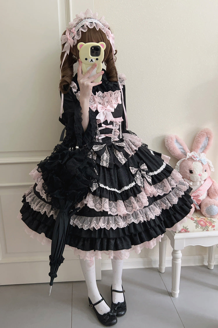 Black/Pink Multi-Layered Ruffle Bowknot Stitching Lace Sweet Lolita Jsk Dress