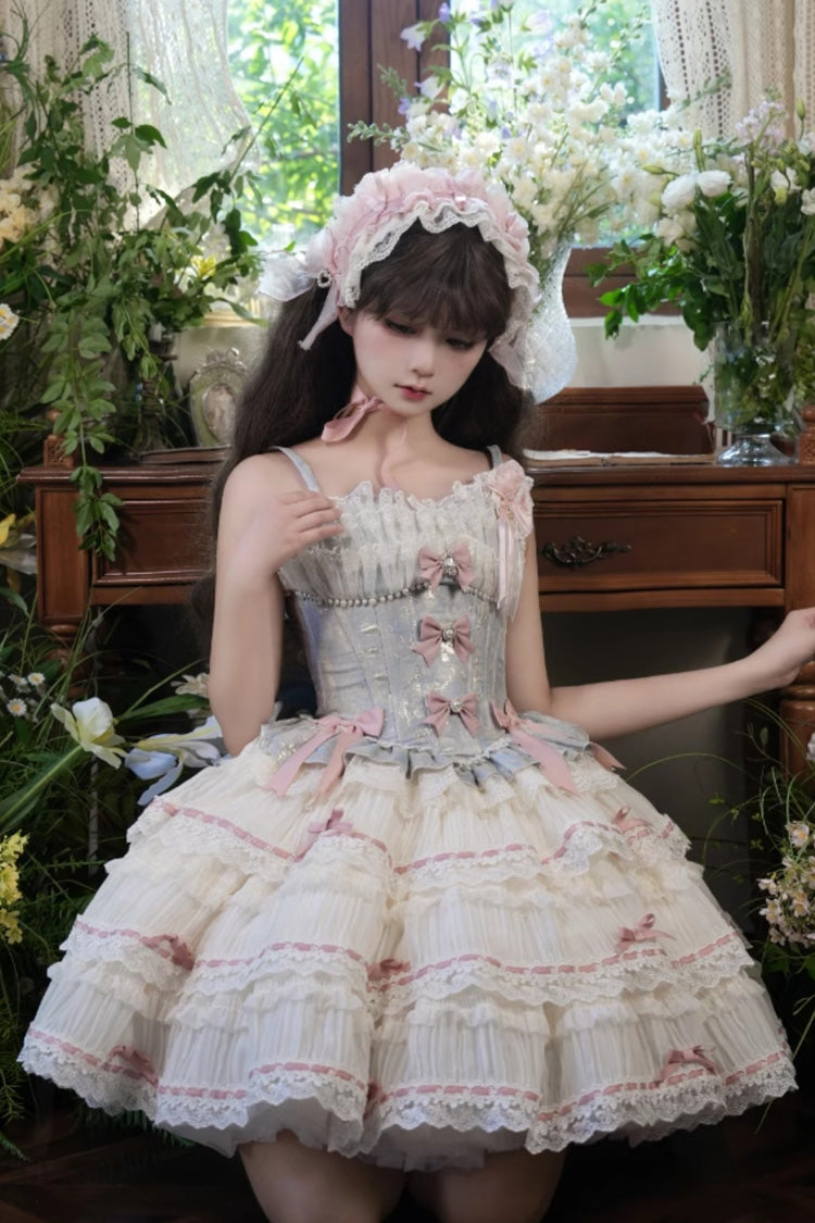 Blue/Apricot [Sea Salt Souffle] Sleeveless Multi-Layered Bowknot Lace Sweet Ballet Lolita Jsk Dress