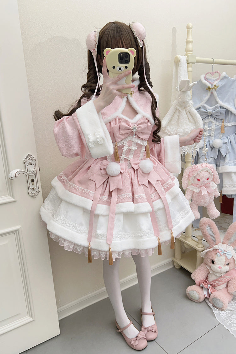 Pink [Snow Rabbit] Long Sleeves Ruffle Bowknot Fake Two Pieces Sweet Lolita Dress