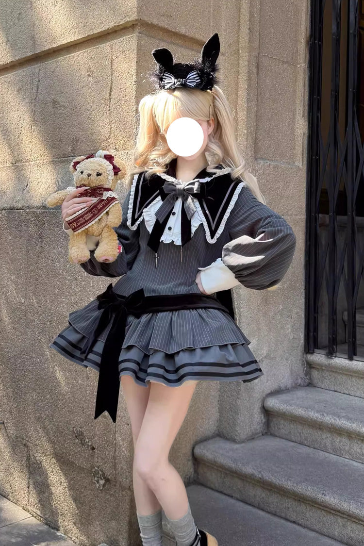 Black [Bizarre Rabbit Opera] Navy Collar Long Sleeves Print Ruffle Bowknot Gothic Lolita Dress