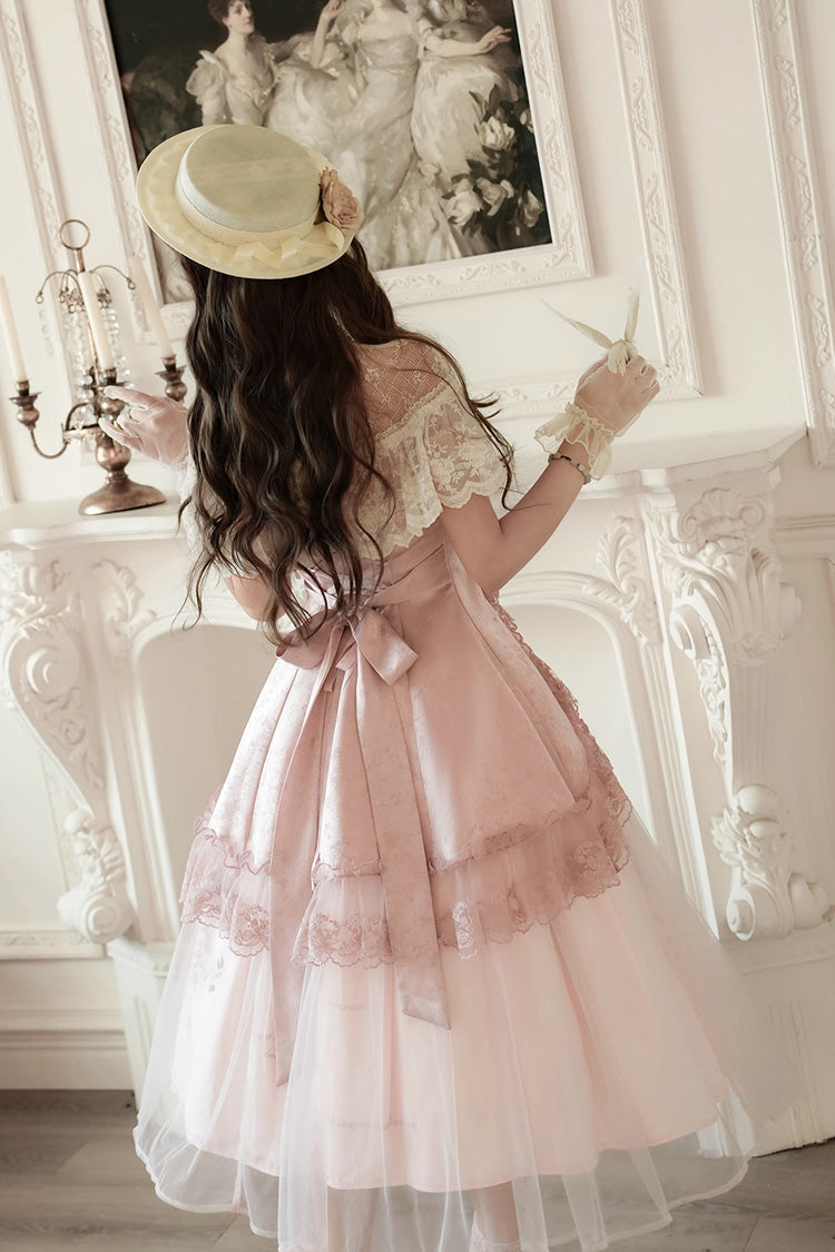 Ensemble de robe Lolita élégante et douce asymétrique en dentelle avec nœud de broderie à volants rose [Poèmes de Rose] 