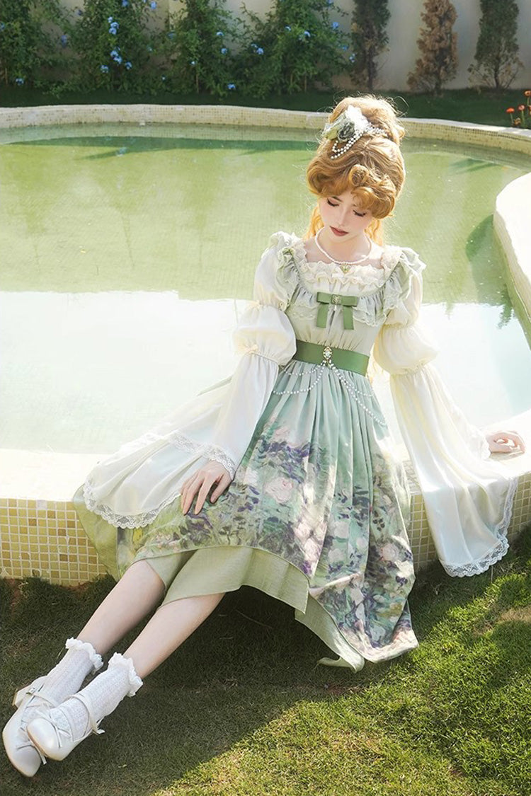 Green [Blooming Roses] Print Oil Painting Chiffon Ruffle Bowknot Irregular Sweet Lolita Jsk Dress