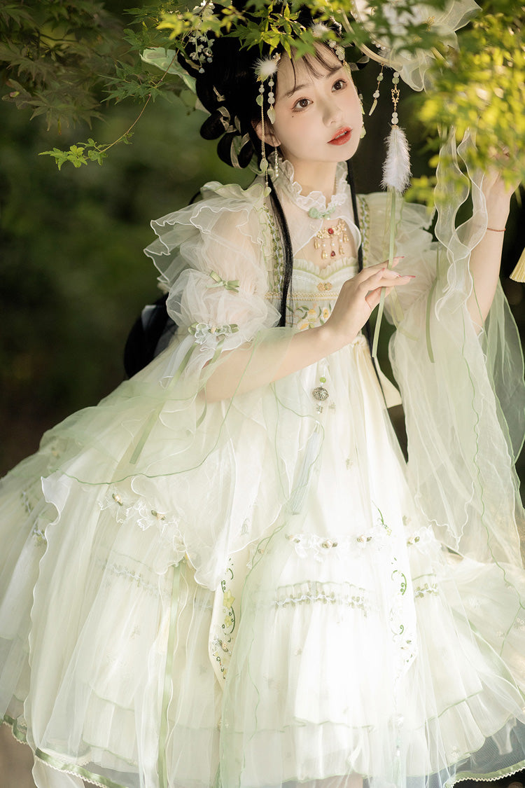 Elfenbein [Luo Ling Fu] Rüschenstickerei Schleifen Lace Süßes Chinesisches Stil Lolita Jsk Kleid 