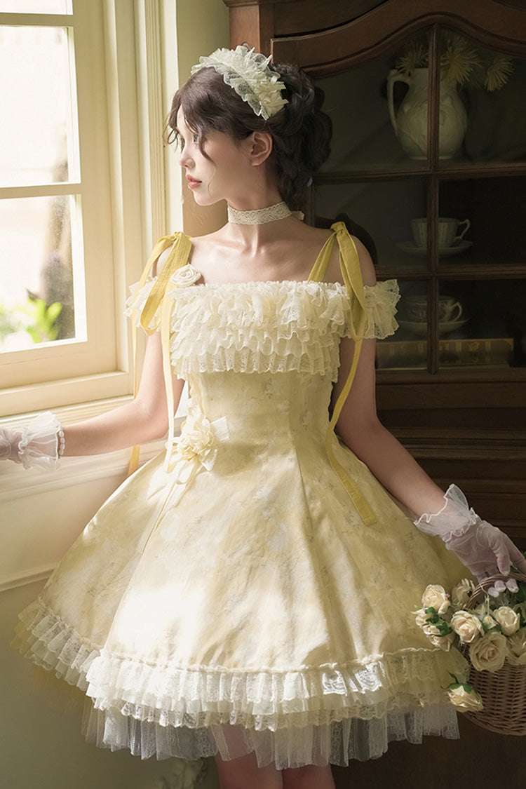 Yellow [Falling Flowers as a Message] Square Collar Flying Sleeves Print Ruffle Lace Sweet Elegant Lolita Short Dress