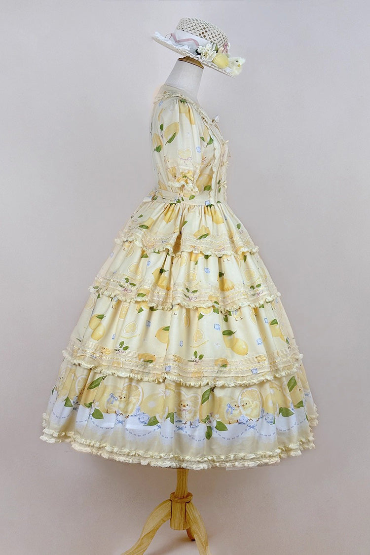 Yellow [Lemon Chicken] Short Sleeves Triple-Layered Print Ruffle Bowknot Lace Sweet Gorgeous Lolita Dress