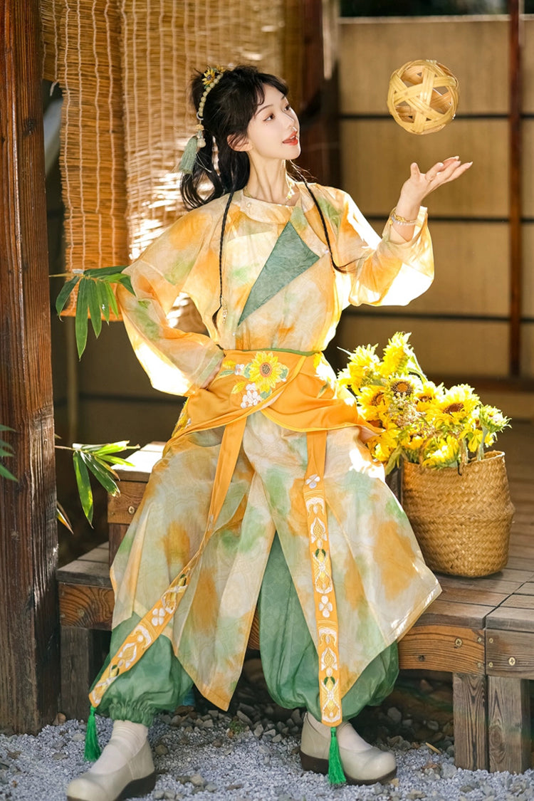 Yellow/Green Round Collar Long Sleeves Print Women's Sweet Hanfu Pants Full Set