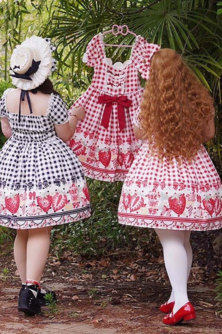 Black Short Sleeves Strawberry Plaid Print Bowknot Sweet Plus Size Princess Lolita Dress