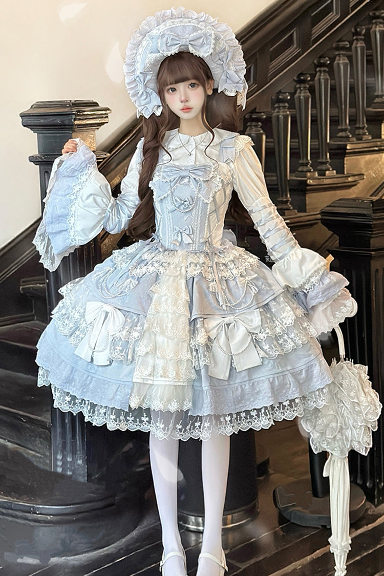 [Sakura Love] Multi-Layered Jacquard Ruffle Embroidery Cardigan Bowknot Lace Sweet Gorgeous Lolita Jsk Dress 2 Colors