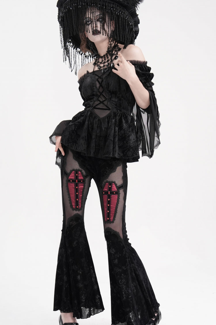 Black Halterneck Long Sleeves Hollow Lace-Up Mesh Women's Gothic Blouse