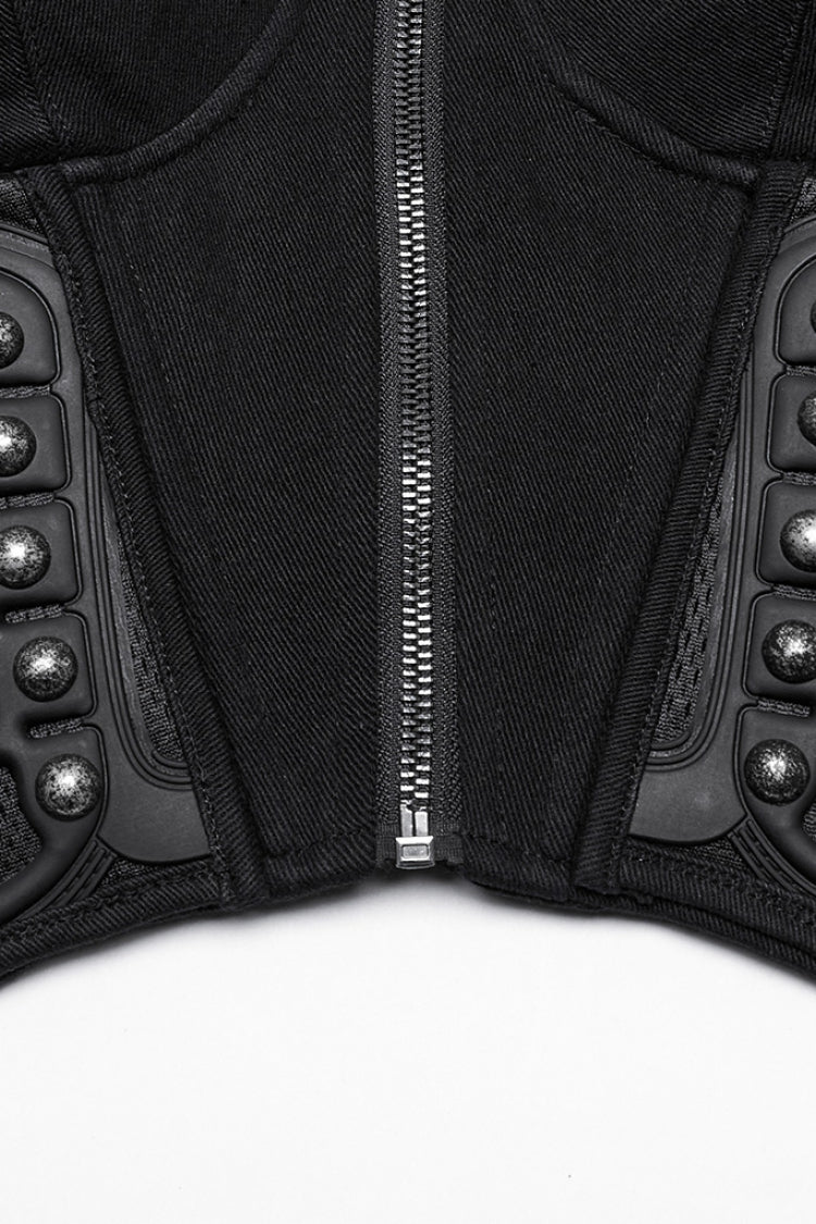 Black Sleeveless Lace-Up Rivet Buckle Women's Punk Vest